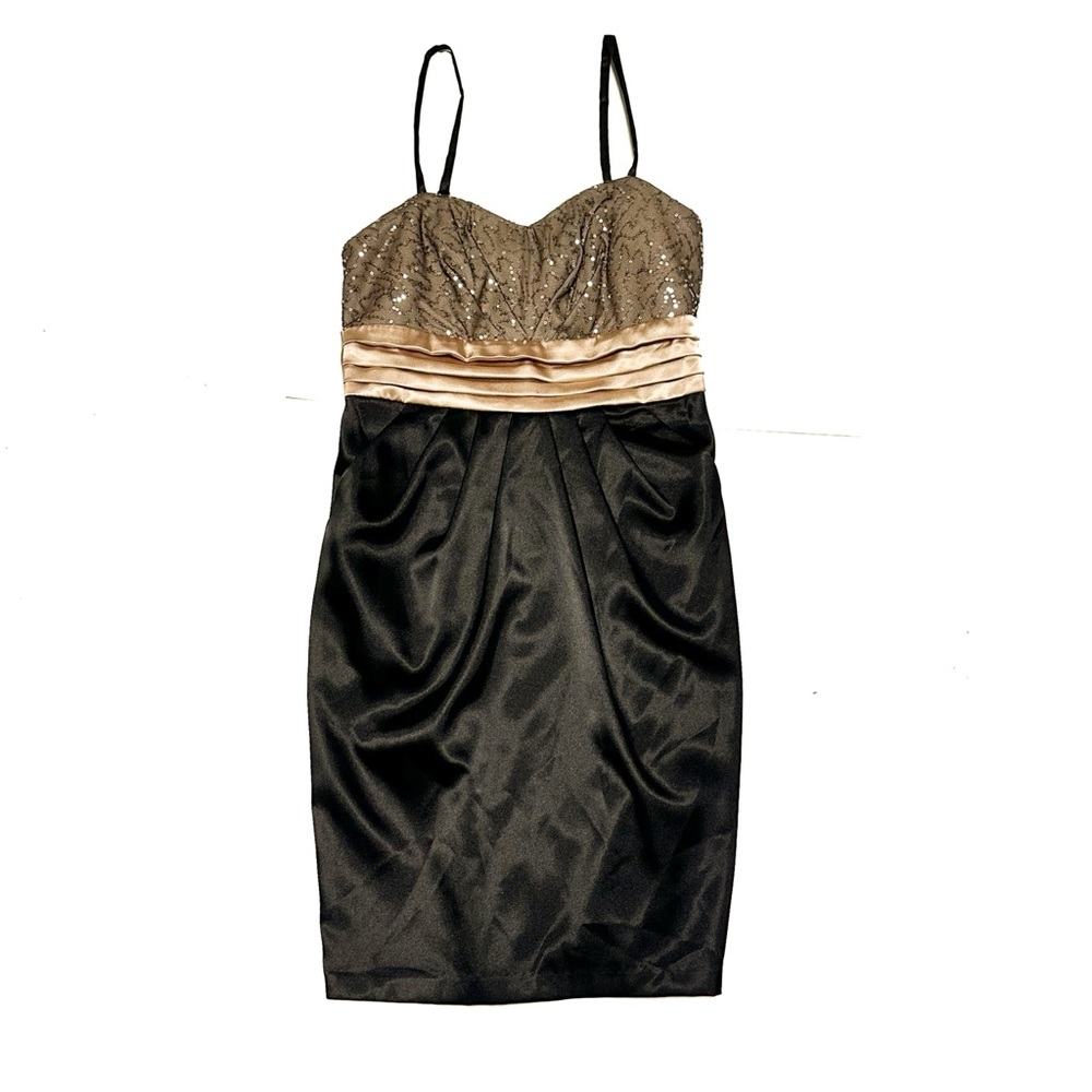 Y2K Studio Y Black and Gold Satin Sequin Mini Dress Party Hoco Prom Formal Event